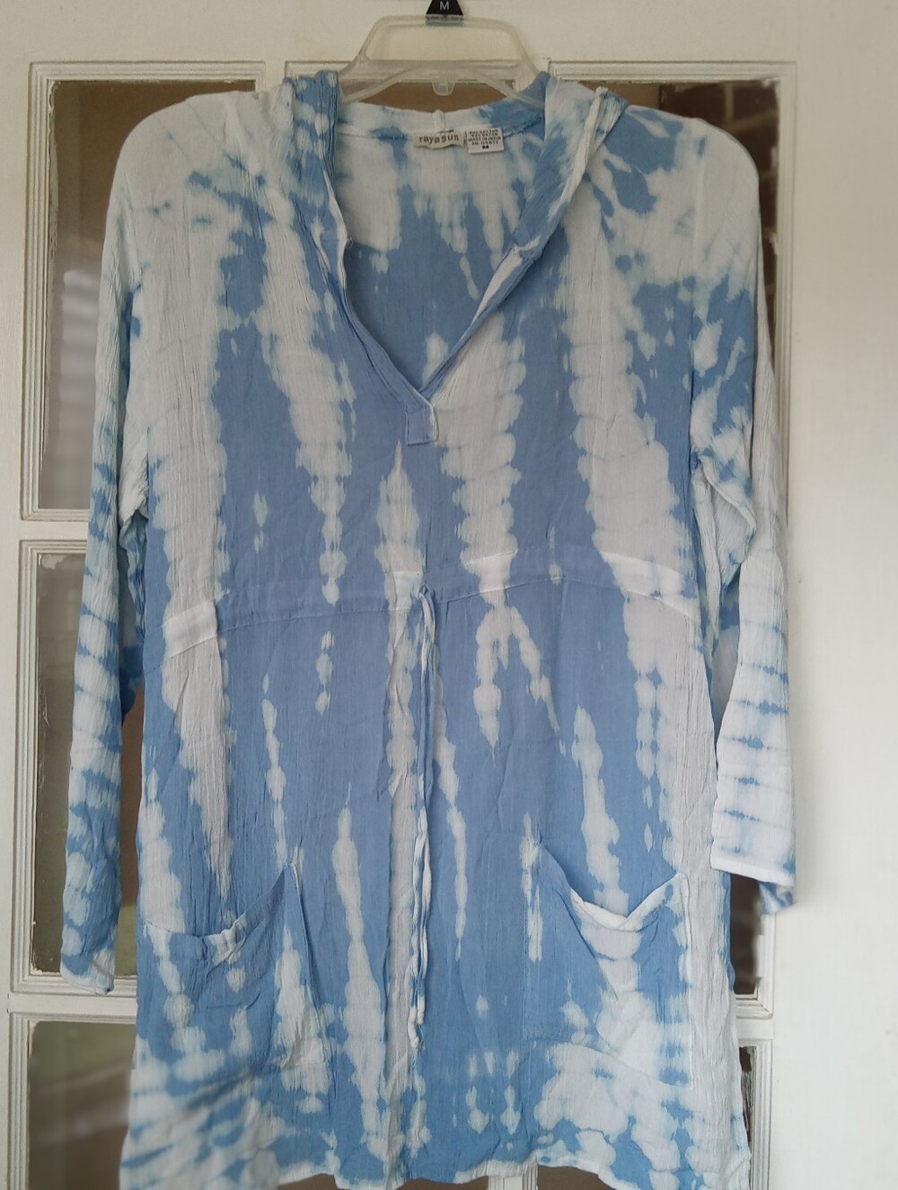 Raya Sun Blue White Tie Dye Hooded Tunic Dress Sz M